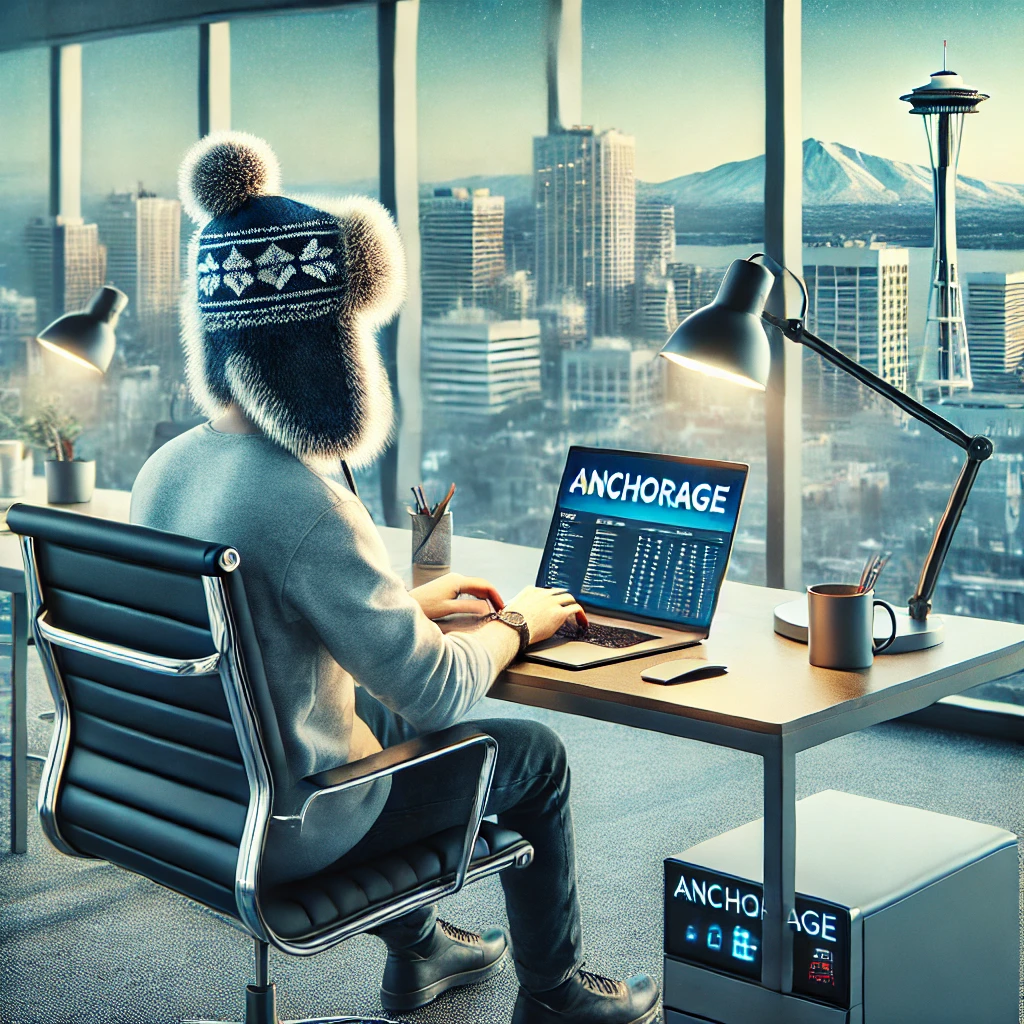 A person working at a modern desk setup in an office with Anchorage's skyline in the background, wearing an Alaskan winter hat.