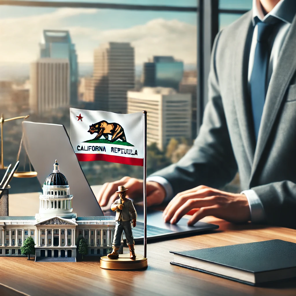 Person working at a modern office desk with a laptop, California state flag, and a small Capitol building figurine on the desk, with Sacramento's skyline in the background.