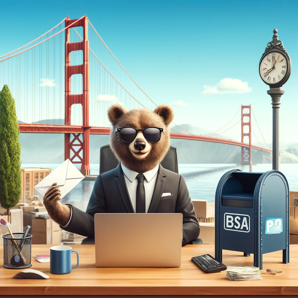 A modern business office setup in front of the Golden Gate Bridge in San Francisco, California, with a laptop on a desk, a mailbox, and the Golden Gate Bridge in the background. A playful bear with sunglasses is holding a business envelope.