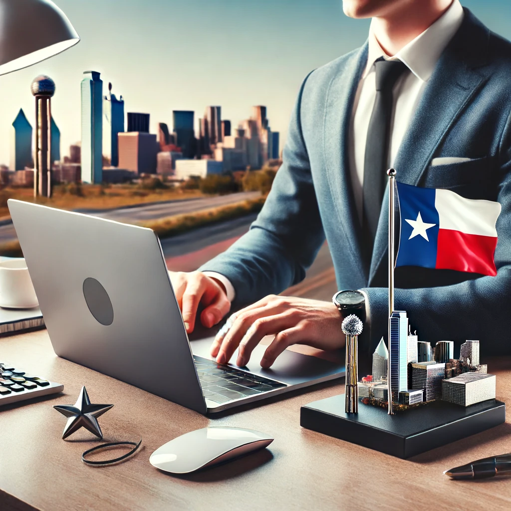 Person working at a modern office desk with a laptop, Texas state flag, and a small Dallas skyline figurine on the desk, with Dallas's skyline in the background.