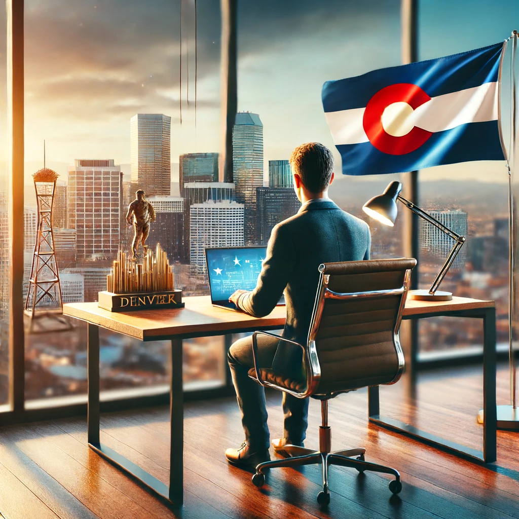 Person working at a modern office desk with a laptop, Colorado state flag, and a small Denver skyline figurine on the desk, with Denver's skyline in the background.