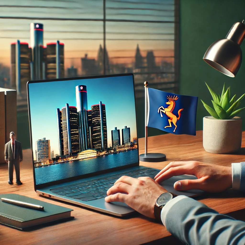 Person working at a modern office desk with a laptop, Michigan state flag, and a small Detroit skyline figurine on the desk, with Detroit's skyline in the background.