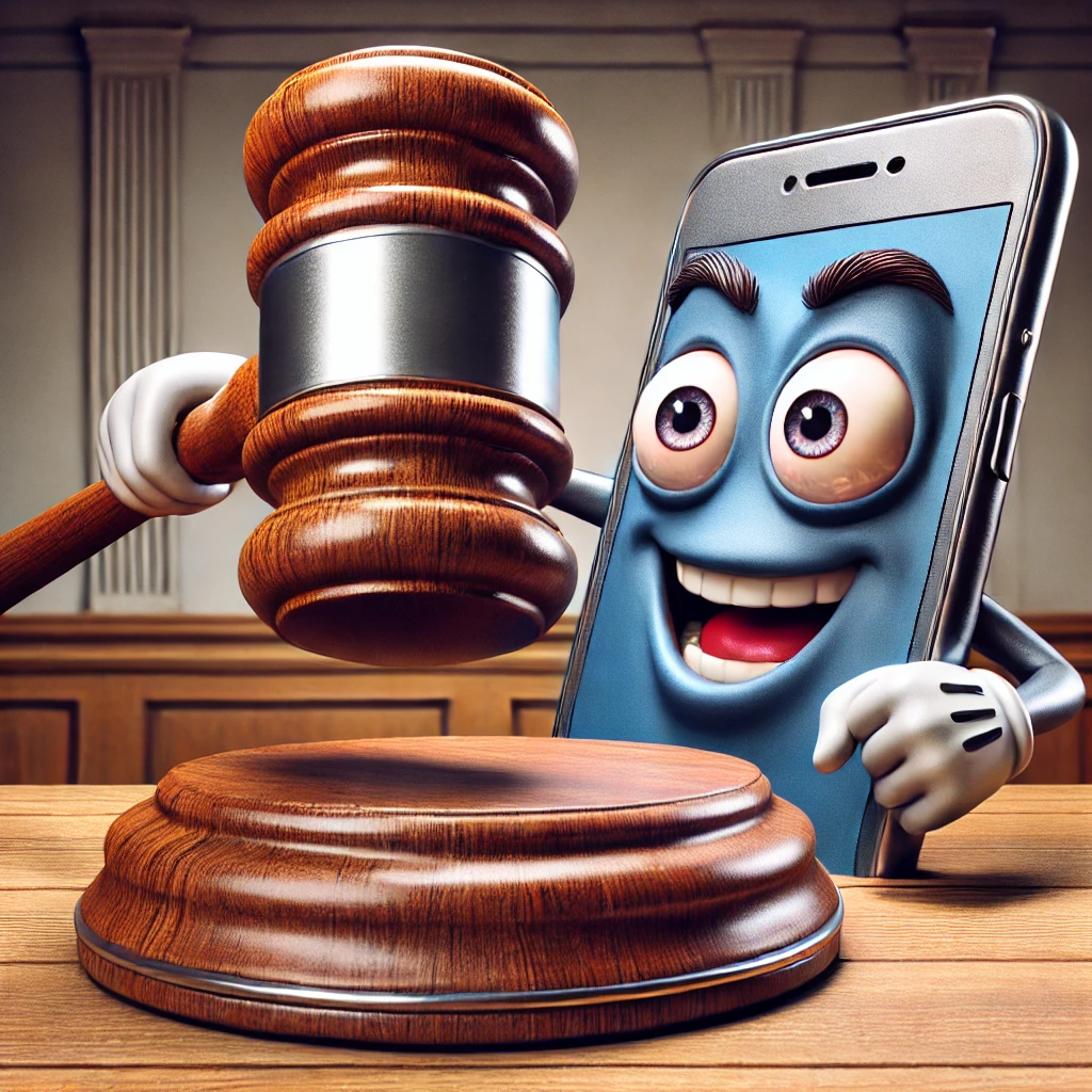 A large gavel striking down on a cell phone in a courtroom setting, symbolizing legal action against telcos for privacy violations.