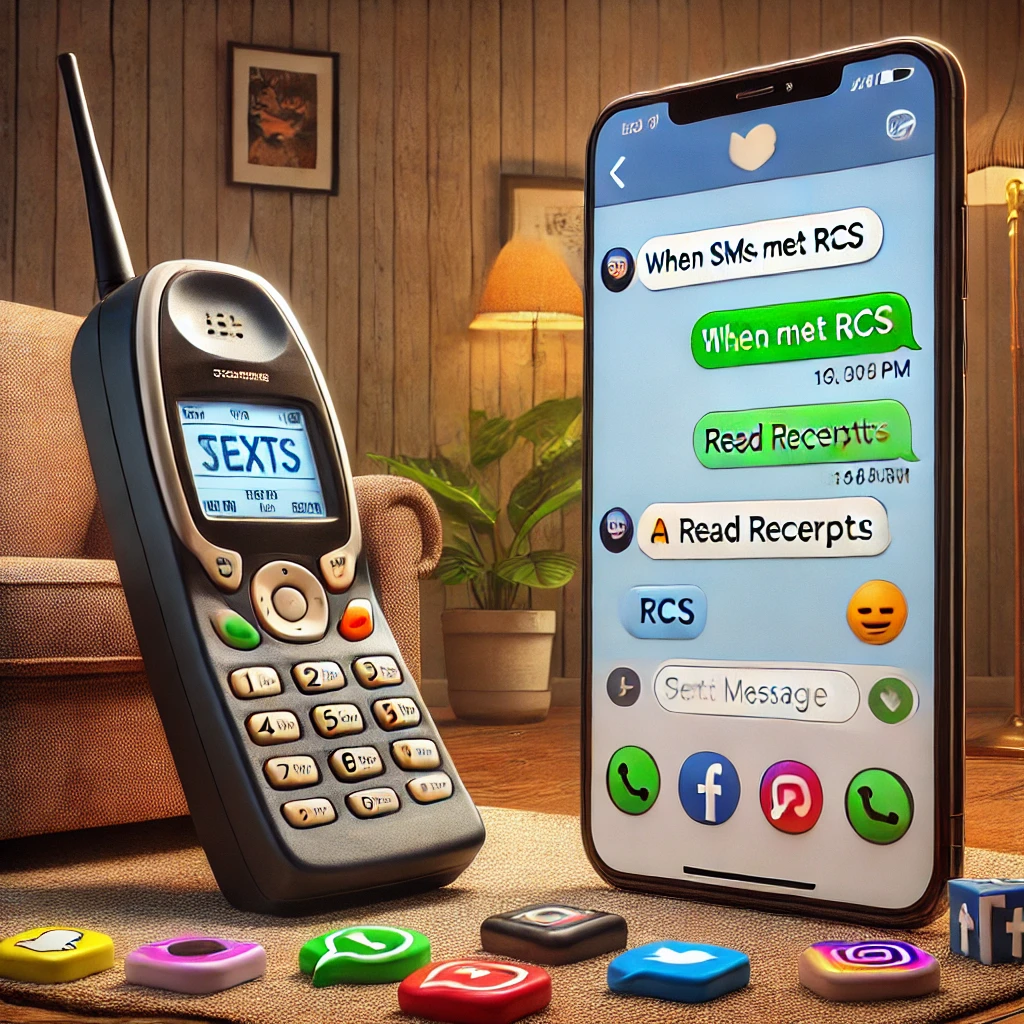 A humorous, photorealistic image of an old mobile phone from the 90s sending a text message to a modern smartphone, with the modern phone responding with colorful RCS features like high-resolution photos, chat bubbles, and read receipts. The setting is a cozy living room, highlighting the contrast between old and new technology.