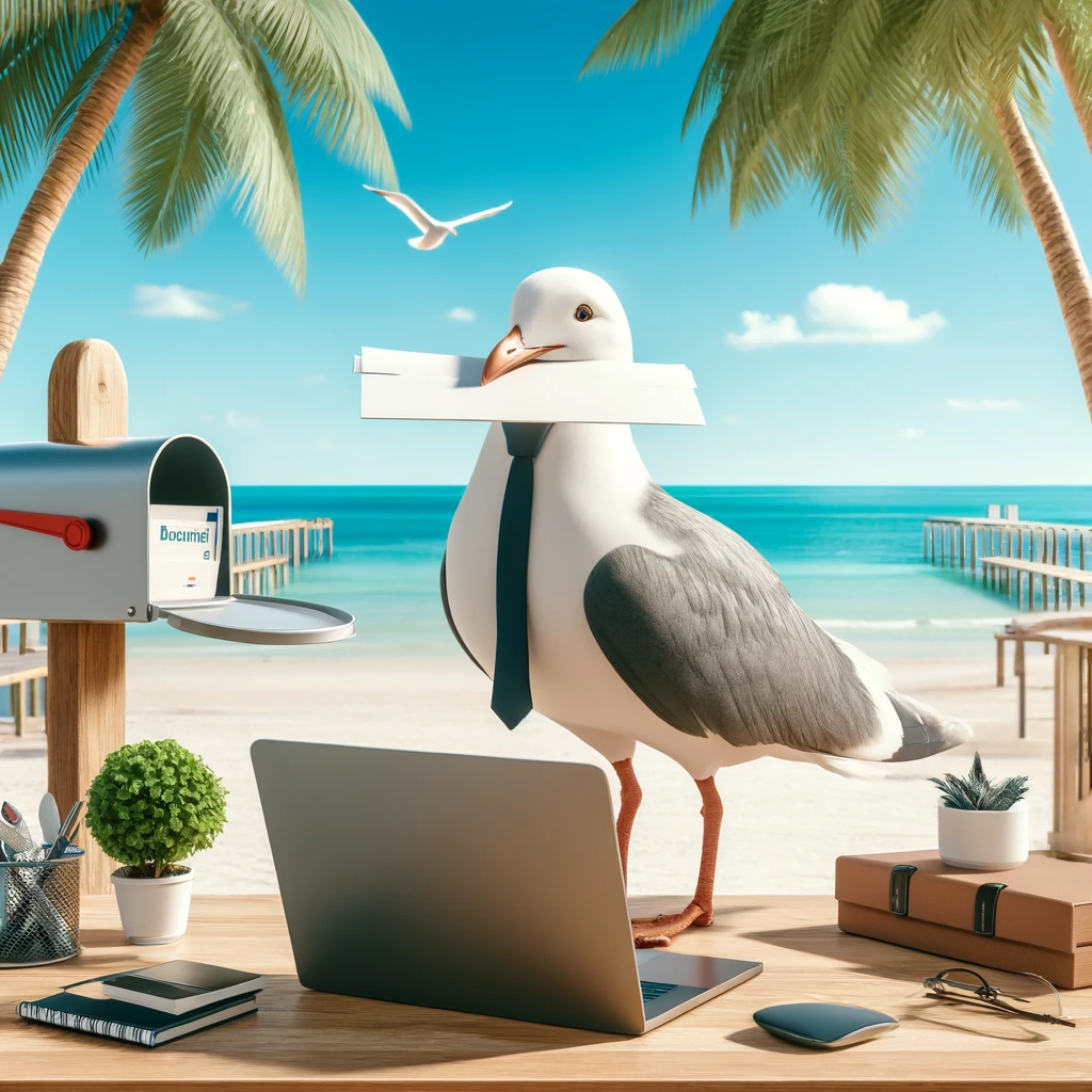 A modern business office setup on a sunny Florida beach, featuring a laptop on a desk, a mailbox, palm trees, and a playful seagull holding a business envelope in its beak, representing the flexibility and convenience of a virtual office.