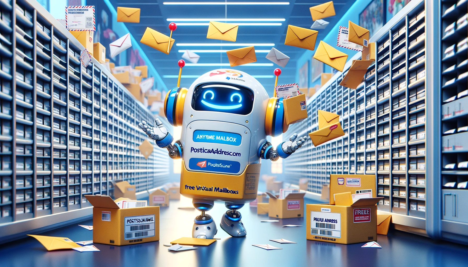 Cheerful mail robot juggling envelopes and packages in a futuristic mailroom filled with virtual mailboxes labeled 'Anytime Mailbox,' 'PostScan Mail,' 'PhysicalAddress.com,' and 'USA2Me.'