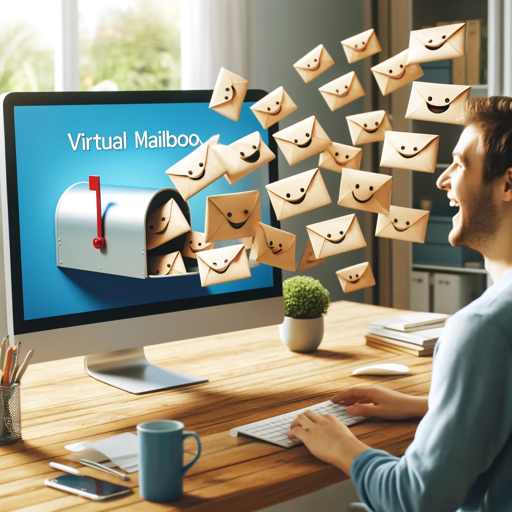 A photorealistic image of a home office with a computer screen showing a virtual mailbox interface. Envelopes with smiling faces are humorously jumping into the screen while a person at the desk laughs.