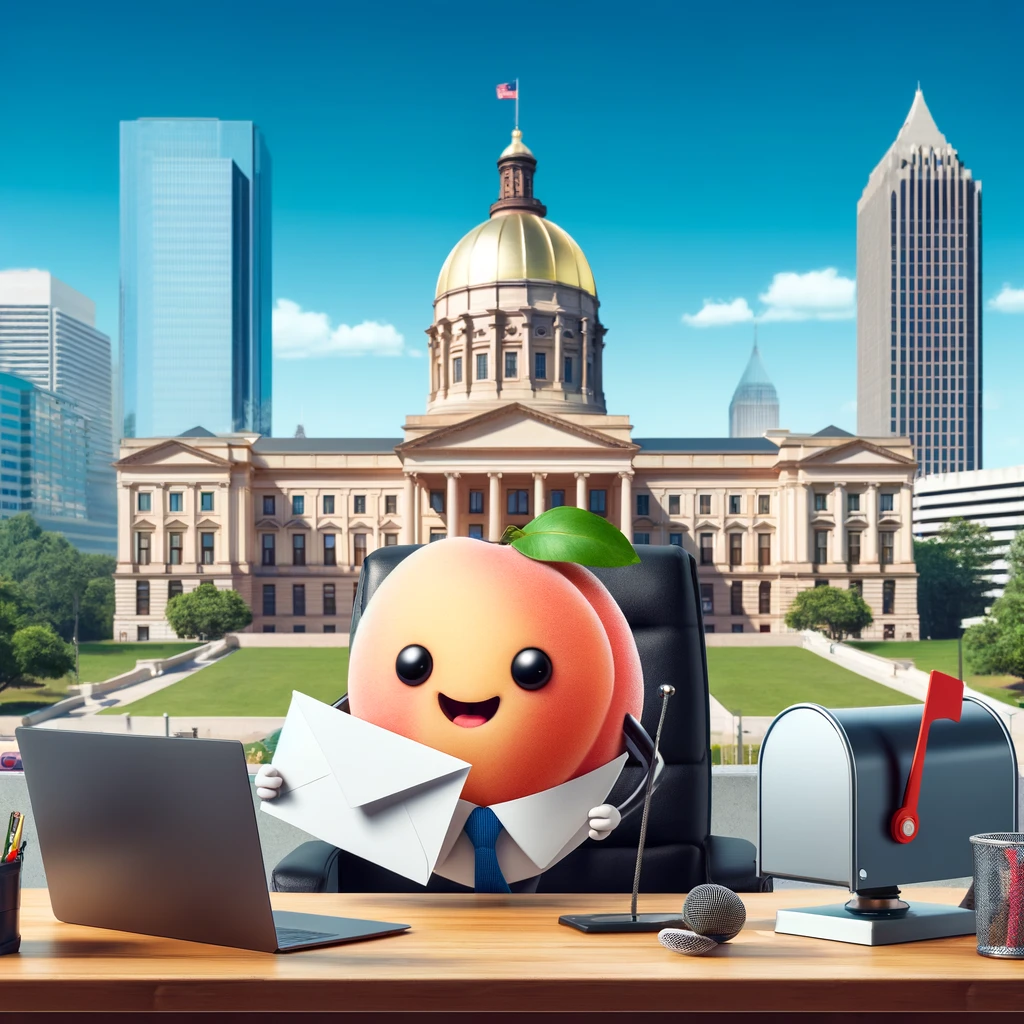 A modern business office setup in front of the Georgia State Capitol in Atlanta, with a laptop on a desk, a mailbox, and the state capitol building in the background. A playful peach with a face is holding a business envelope.