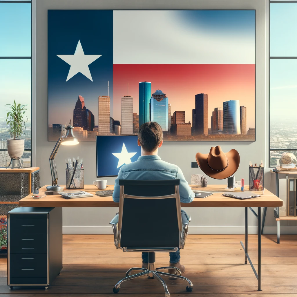 Person working at a modern office desk with a laptop, Texas flag, and a cowboy hat, with Houston skyline in the background, illustrating the concept of a virtual address in Houston.