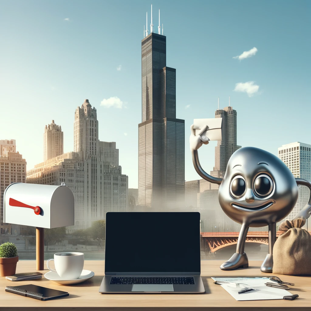 A modern business office setup in front of the Willis Tower in Chicago, Illinois, with a laptop on a desk, a mailbox, and the Willis Tower in the background. A playful bean sculpture holding a business envelope.
