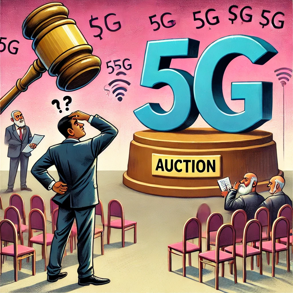 A confused Indian telecom executive scratching his head while looking at a giant auction hammer and a 5G symbol with a high price tag in an empty auction room.