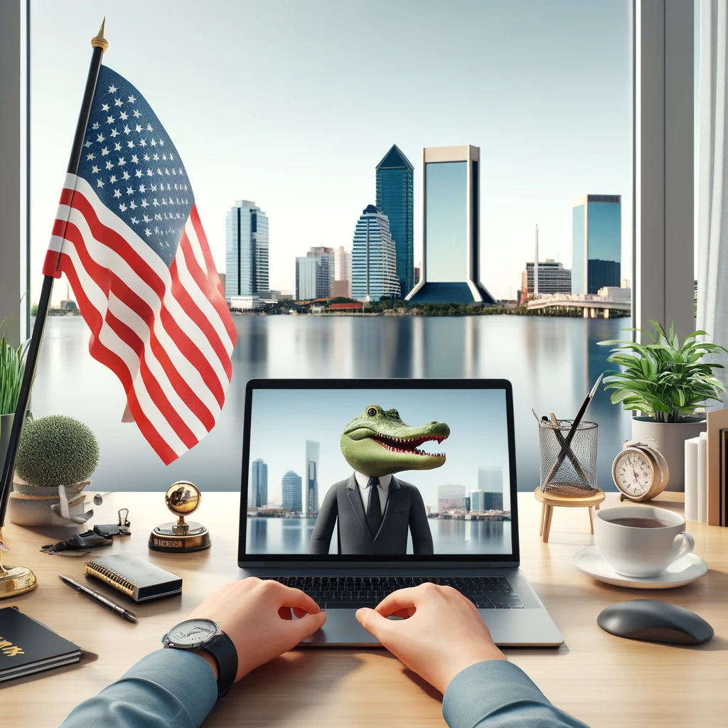 Person working at a modern office desk with a laptop, Florida flag, and a funny alligator figurine on the desk, with Jacksonville's skyline in the background.