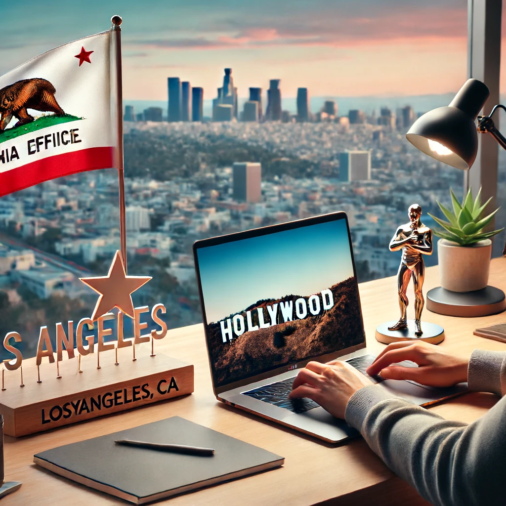 Person working at a modern office desk with a laptop, California state flag, and a small Hollywood sign figurine on the desk, with Los Angeles's skyline in the background.