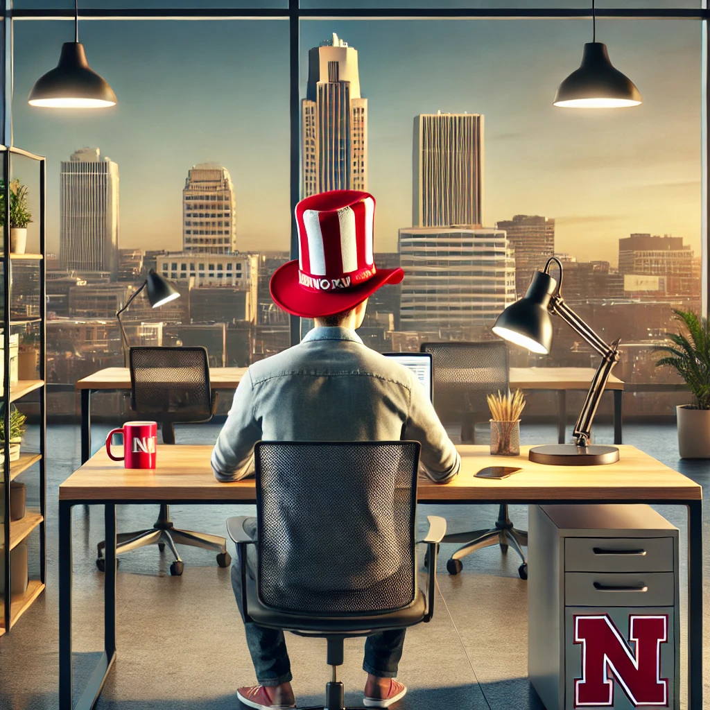 A person working at a modern desk setup in an office with a backdrop of Lincoln's skyline, wearing a Cornhusker hat.