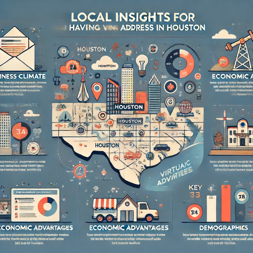 Infographic providing local insights for having a virtual address in Houston. Sections include business climate with icons and data, economic advantages shown in bar charts, key demographic statistics, and symbols representing major industries such as energy, healthcare, and technology. The design is professional and informative, using colors and graphics to make the information engaging and easily understandable.
