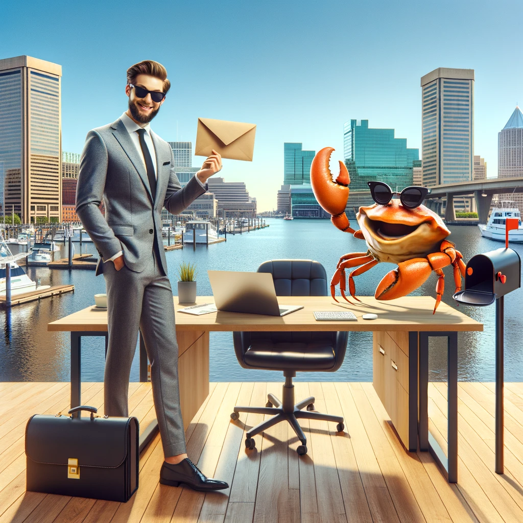 A modern business office setup in front of the Inner Harbor in Baltimore, Maryland, with a laptop on a desk, a mailbox, and the Inner Harbor in the background. A playful crab with sunglasses is holding a business envelope.