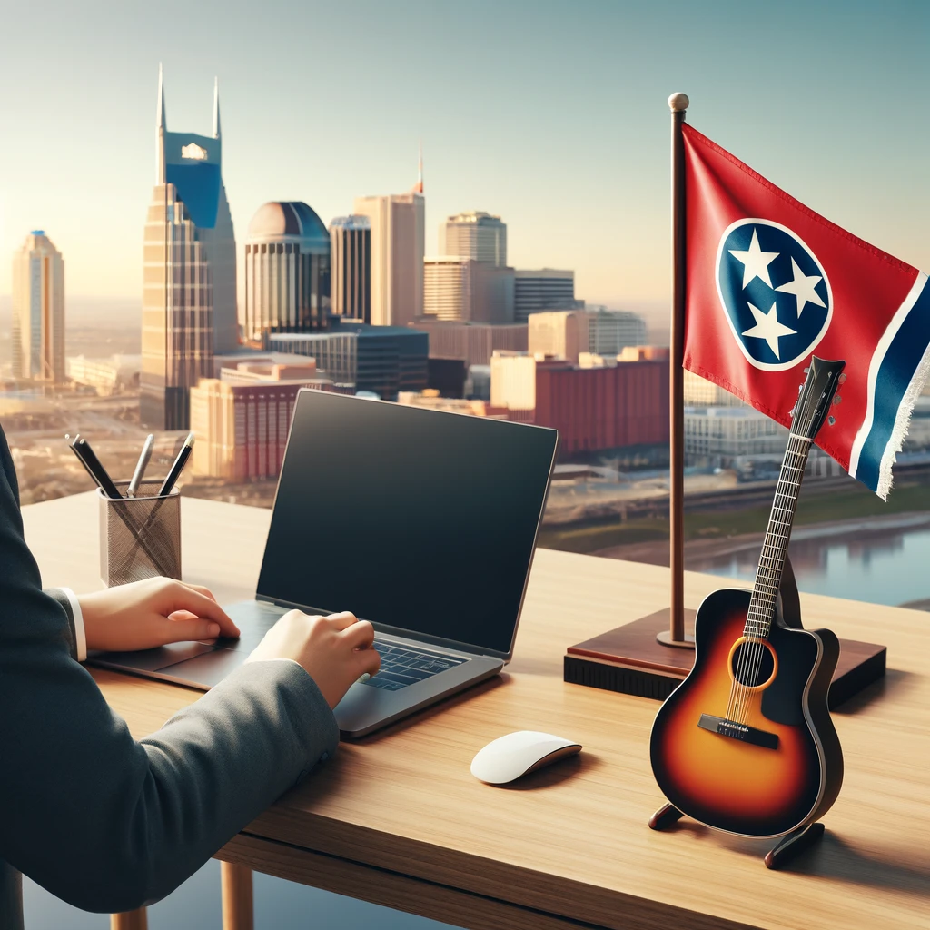 Person working at a modern office desk with a laptop, Tennessee state flag, and a small guitar figurine on the desk, with Memphis's skyline in the background.