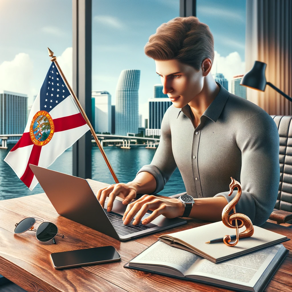 erson working at a modern office desk with a laptop, Florida flag, and sunglasses, with Miami's skyline in the background.