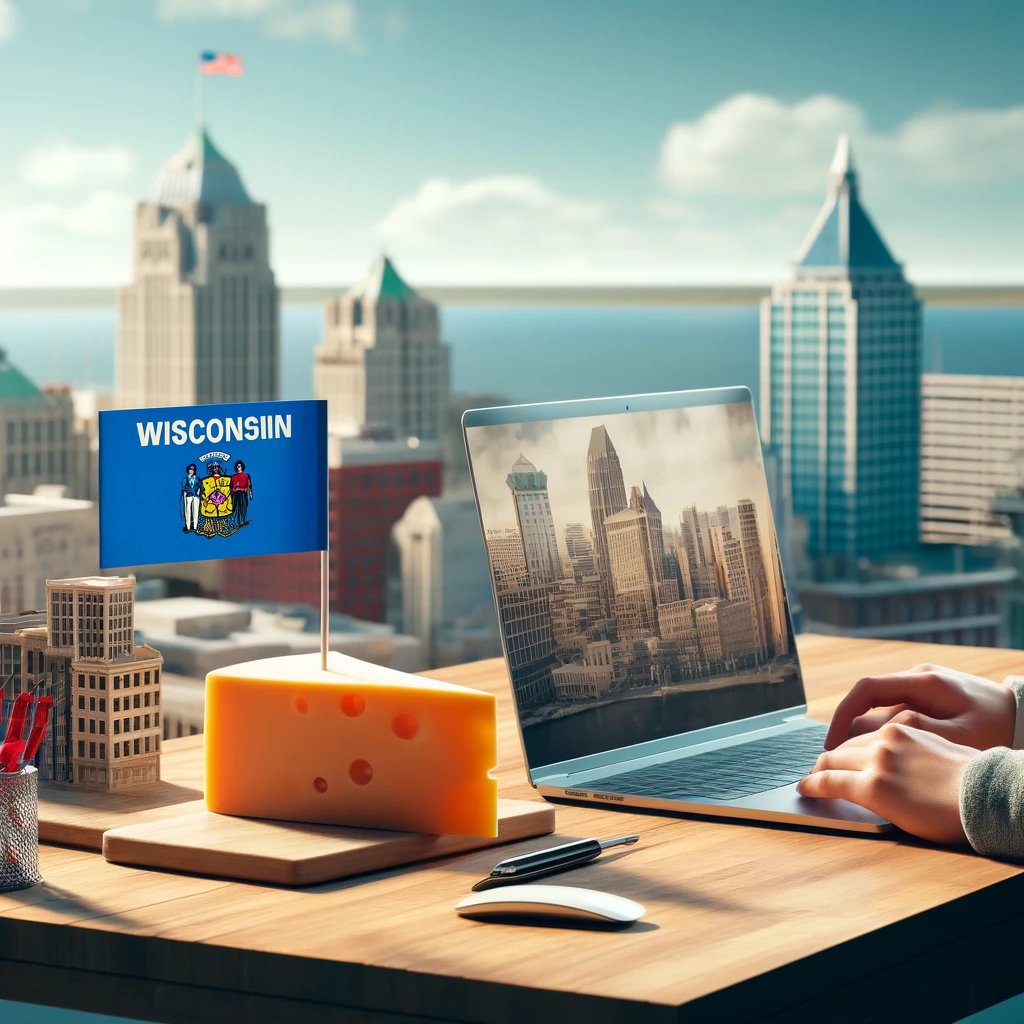 Person working at a modern office desk with a laptop, Wisconsin state flag, and a small cheese wedge figurine on the desk, with Milwaukee's skyline in the background.