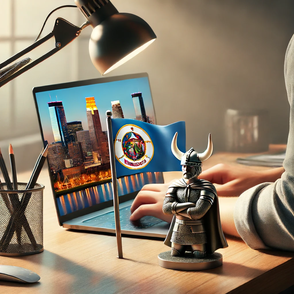 Person working at a modern office desk with a laptop, Minnesota state flag, and a small Viking helmet figurine on the desk, with Minneapolis's skyline in the background.