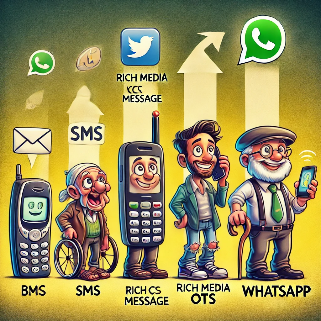 A humorous depiction of the evolution of messaging from an old mobile phone with SMS to a modern smartphone with RCS, and finally to a high-tech gadget with an OTT app.