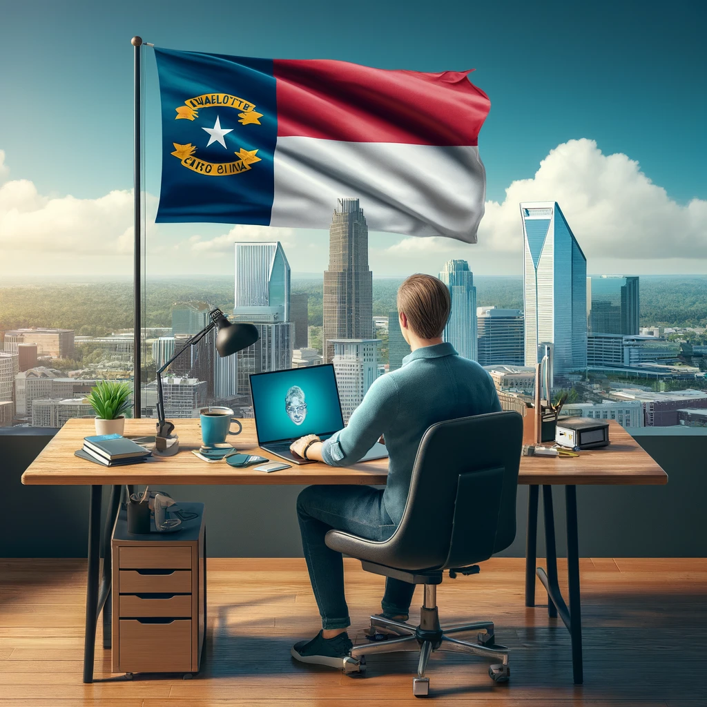 Person working at a modern office desk with a laptop, North Carolina flag, and a coffee cup with a funny quote, with Charlotte's skyline in the background.