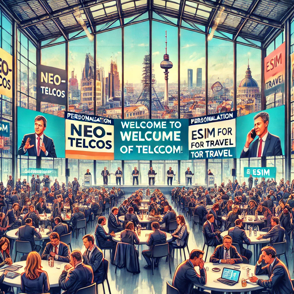 A busy conference hall with attendees discussing, large screens showing keynote speakers, and banners with 'Neo-Telcos', 'Personalization', and 'eSIM for Travel'. Brussels cityscape is visible through the windows, with a humorous sign saying 'Welcome to the Future of Telecom!'.