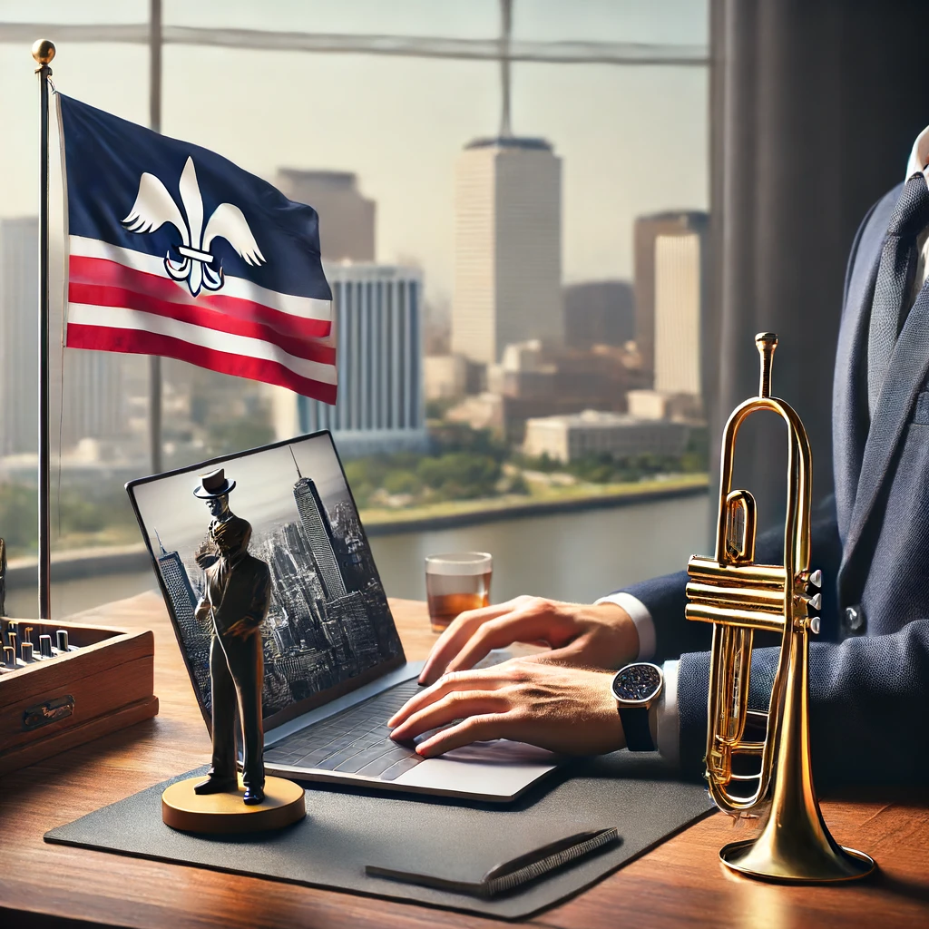Person working at a modern office desk with a laptop, Louisiana state flag, and a small jazz trumpet figurine on the desk, with New Orleans's skyline in the background.