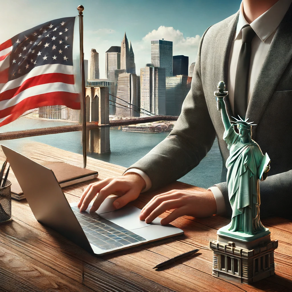 Person working at a modern office desk with a laptop, New York state flag, and a small Statue of Liberty figurine on the desk, with New York City's skyline in the background.