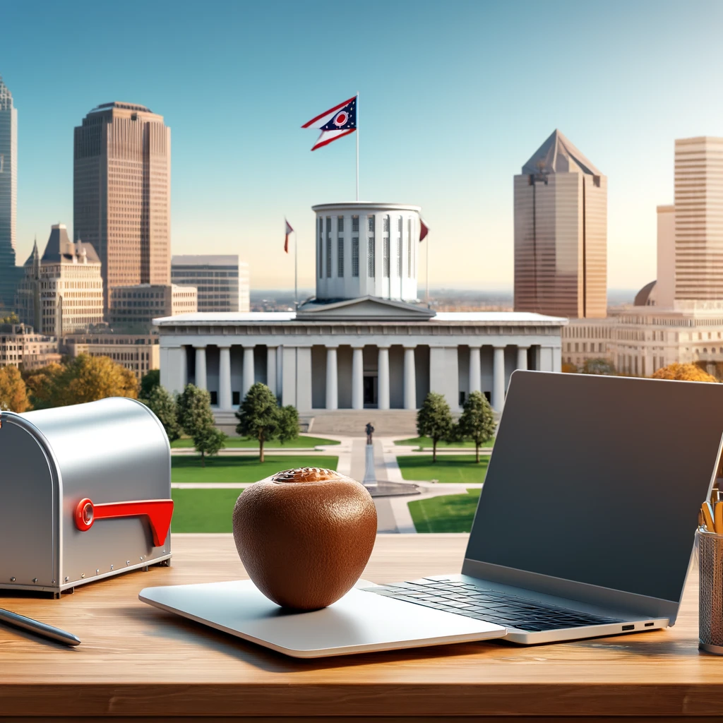 A modern business office setup in front of the Ohio skyline with a laptop, mailbox, and the Ohio Statehouse in the background, featuring a Buckeye nut on the desk.