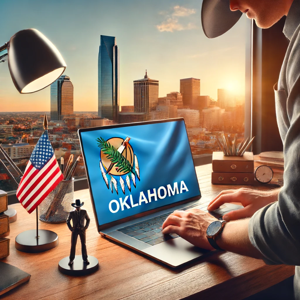 Person working at a modern office desk with a laptop, Oklahoma state flag, and a small cowboy hat figurine on the desk, with Oklahoma City's skyline in the background.