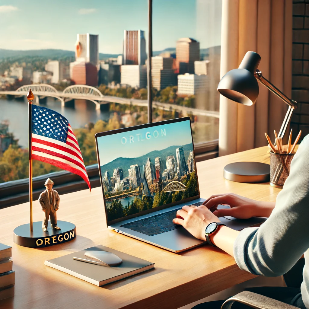 Person working at a modern office desk with a laptop, Oregon state flag, and a small Portland skyline figurine on the desk, with Portland's skyline in the background.