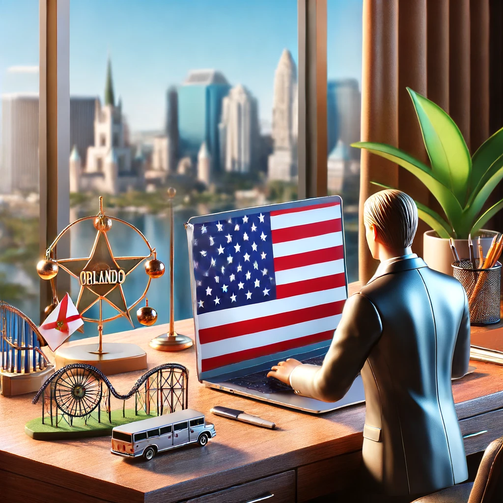 Person working at a modern office desk with a laptop, Florida state flag, and a small theme park figurine on the desk, with Orlando's skyline in the background.