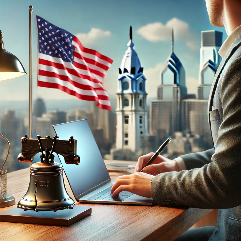 Person working at a modern office desk with a laptop, Pennsylvania state flag, and a small Liberty Bell figurine on the desk, with Philadelphia's skyline in the background.