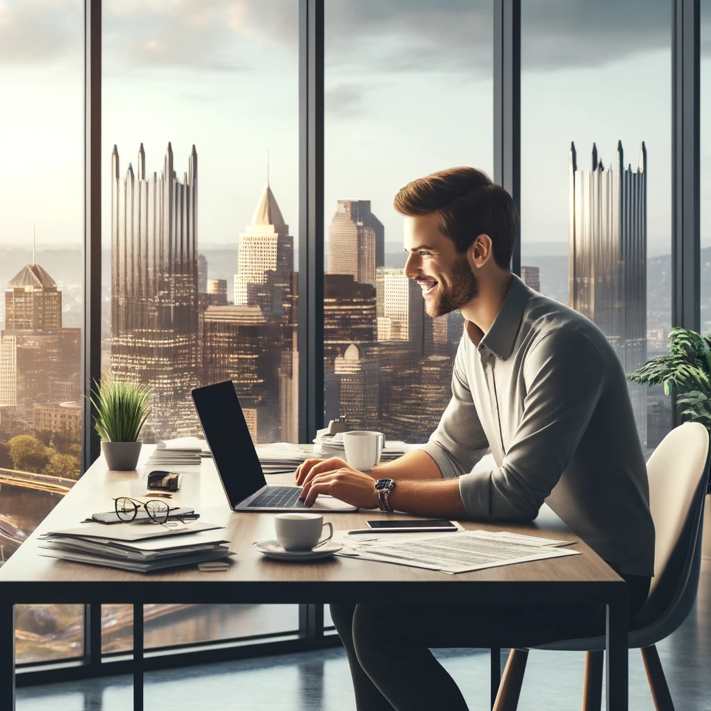 A person working at a modern desk with a laptop, coffee cup, and papers, with the Pittsburgh skyline visible through a large window in the background.