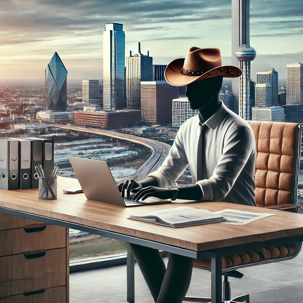 A person working at a modern desk setup in an office with Plano's skyline in the background, wearing a cowboy hat.