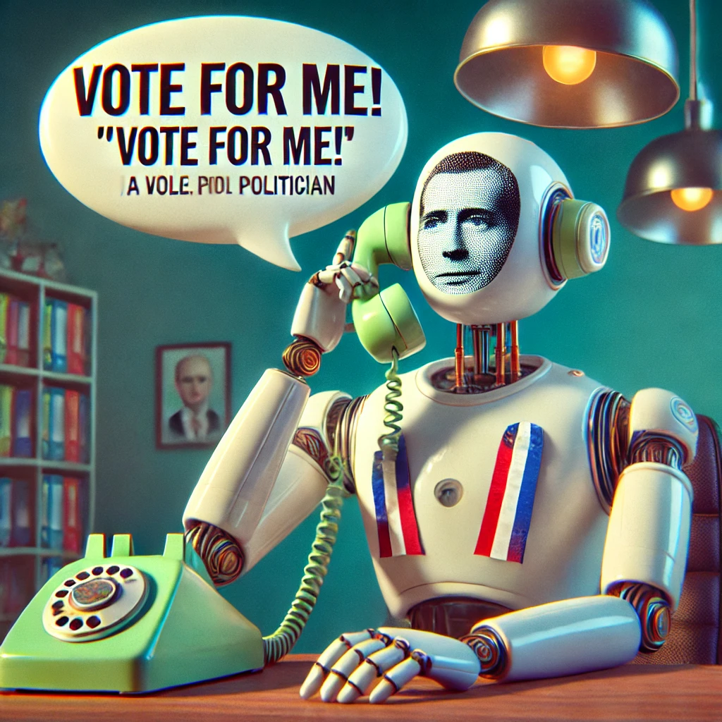 A whimsical robot in a futuristic office, holding a phone with a speech bubble that says, "Vote for me!" mimicking a famous politician.
