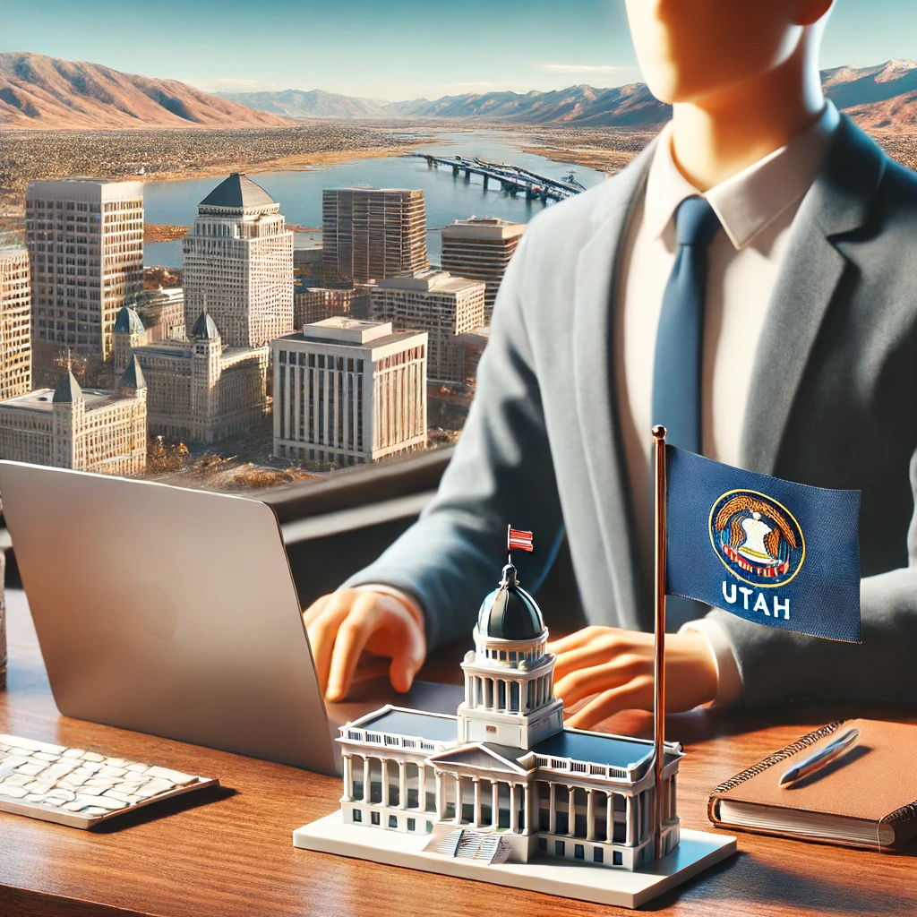 Person working at a modern office desk with a laptop, Utah state flag, and a Salt Lake City landmark figurine on the desk, with Salt Lake City's skyline in the background.