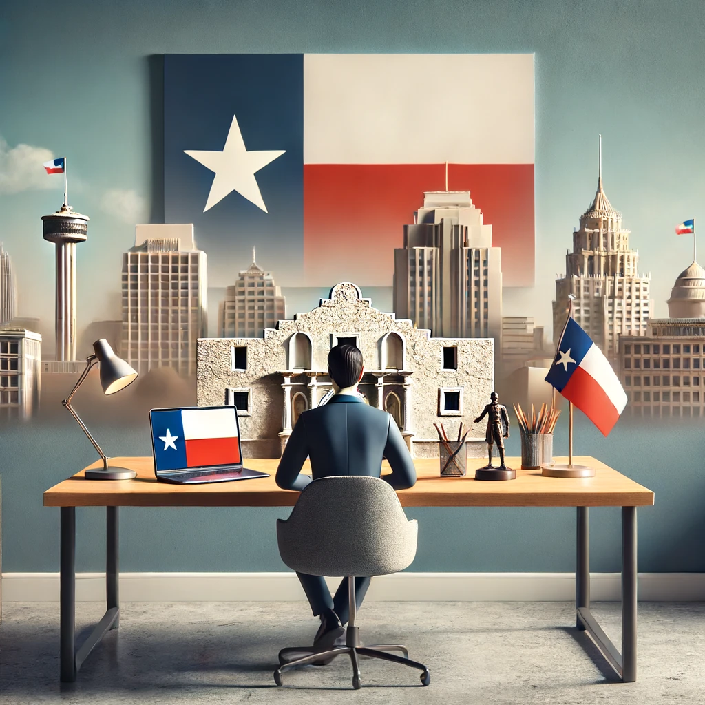 Person working at a modern office desk with a laptop, Texas state flag, and a small Alamo figurine on the desk, with San Antonio's skyline in the background.