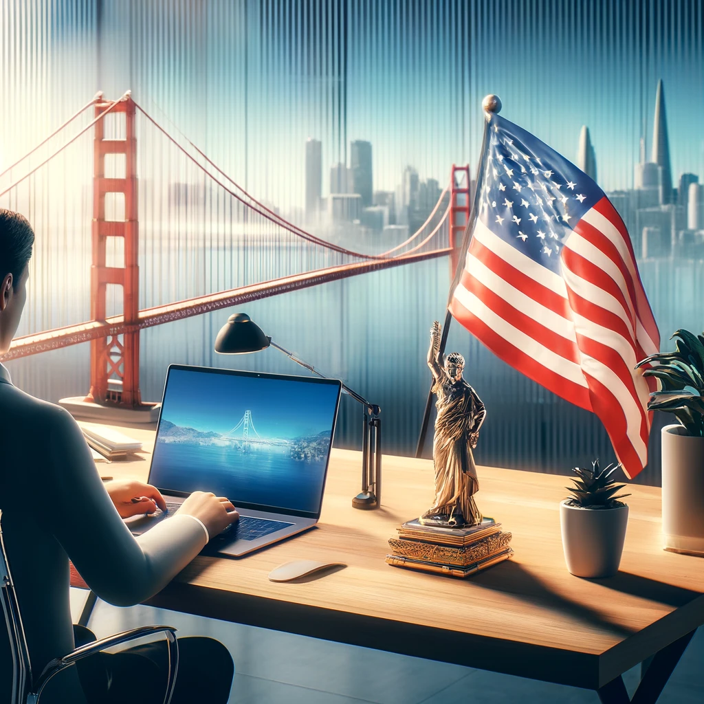Person working at a modern office desk with a laptop, California state flag, and a Golden Gate Bridge figurine on the desk, with San Francisco's skyline in the background.