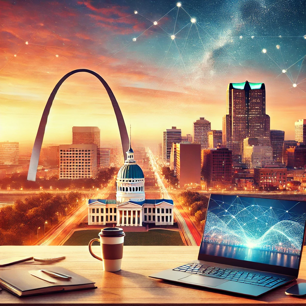 Cityscape of St. Louis with the Gateway Arch at sunset, featuring a modern office setup.