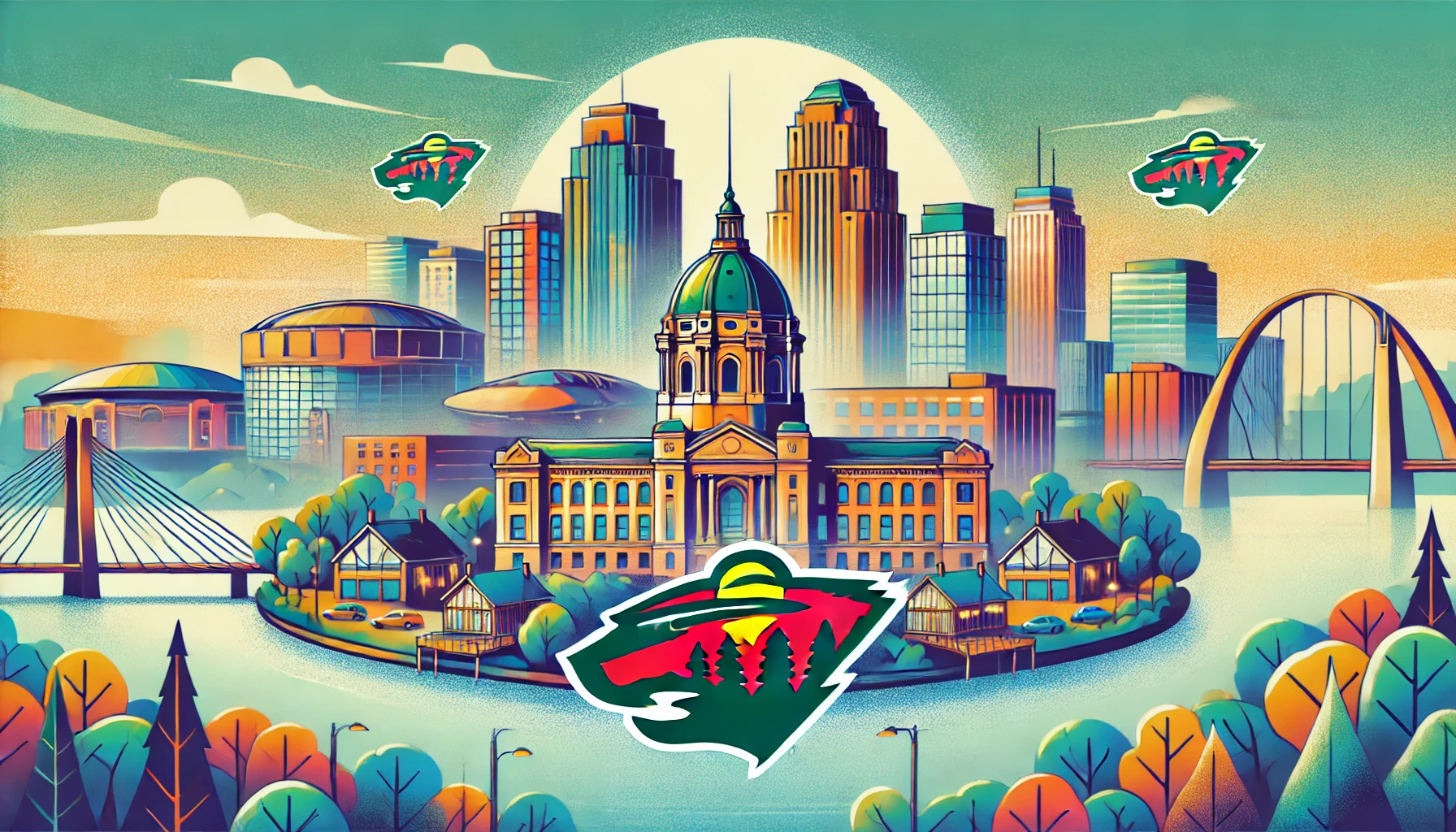 Virtual Office St. Paul skyline with historic and modern buildings, Mississippi River, and Minnesota Wild logo.Minnesota Wild logo.