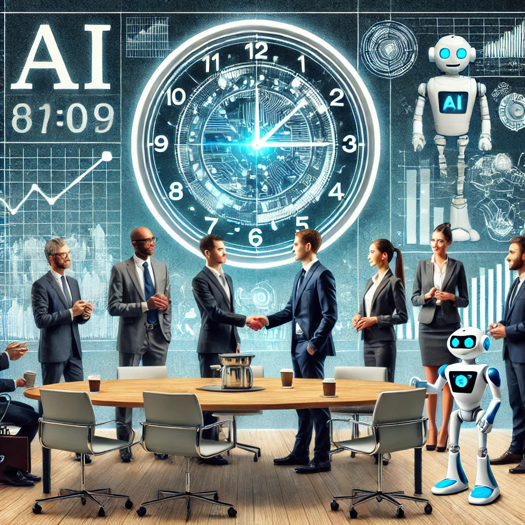 A group of business executives from diverse global telecom companies shaking hands in a modern, high-tech conference room with AI-related charts and graphs on the walls, and a large digital clock in the background ticking down. A small robot assistant is handing out coffee.