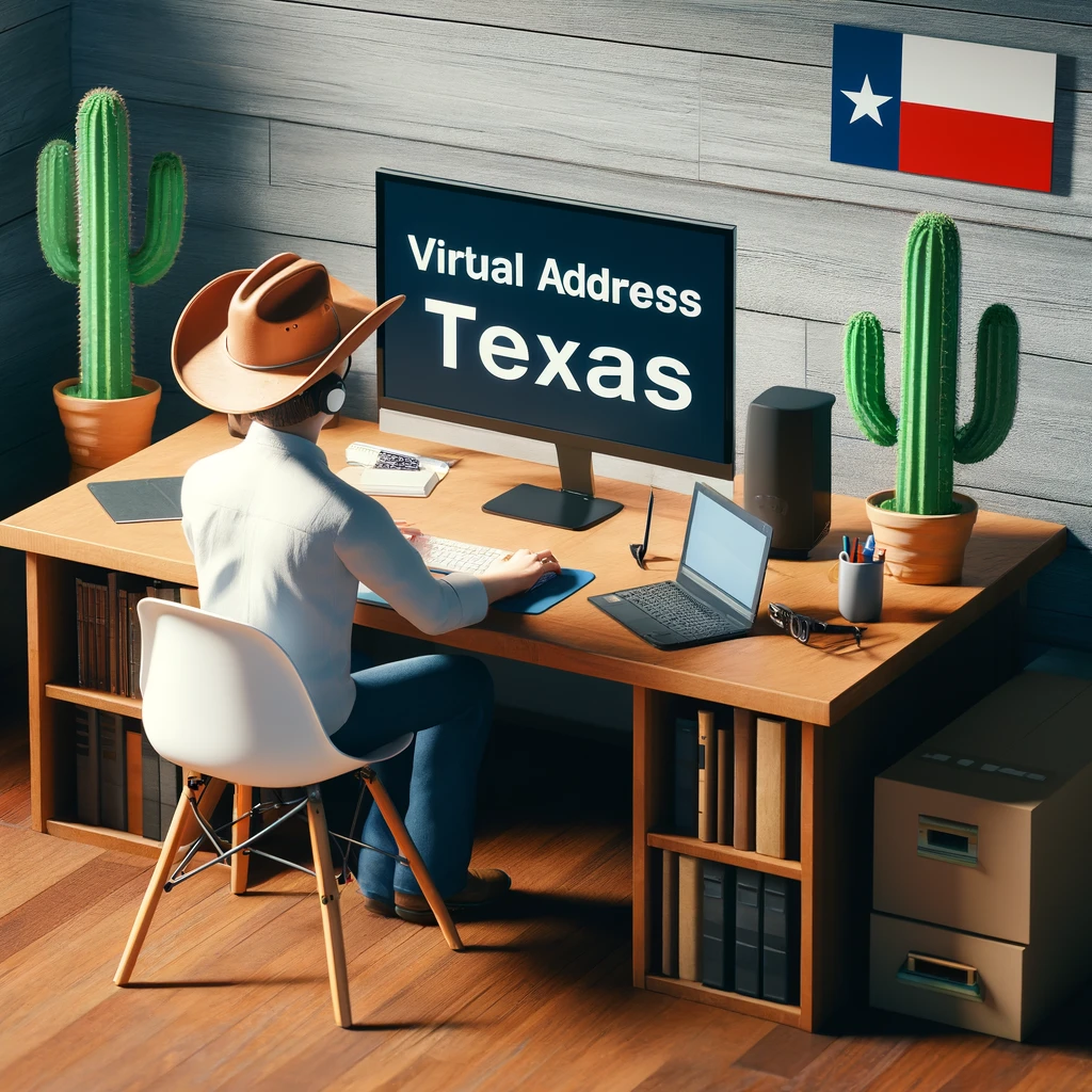A person working at a desk in a home office setup with Texas-themed decorations including a small Texas flag, a cowboy hat, and a cactus, highlighting the convenience of using a Virtual Address Texas.