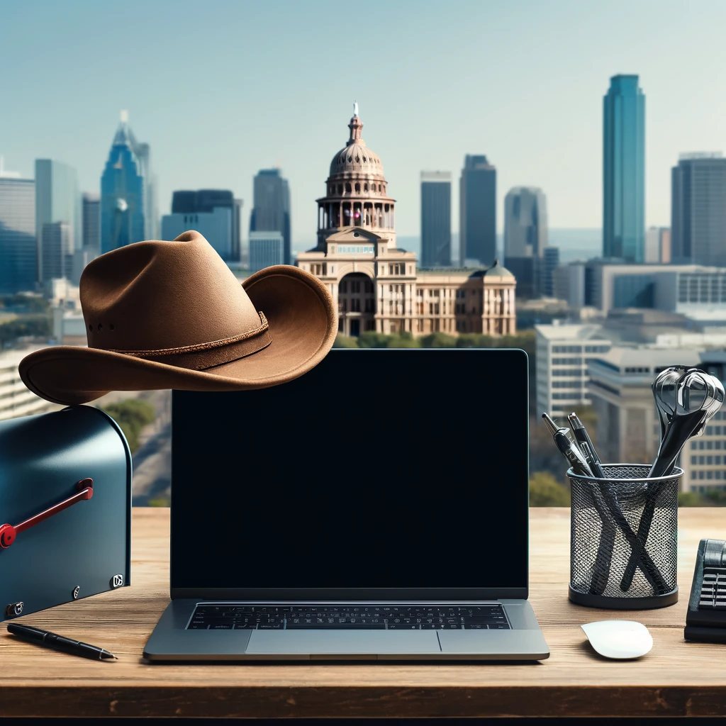A modern business office setup with a Texas skyline background, featuring a laptop, mailbox, and Texas State Capitol. A cowboy hat adds a humorous touch to the laptop.