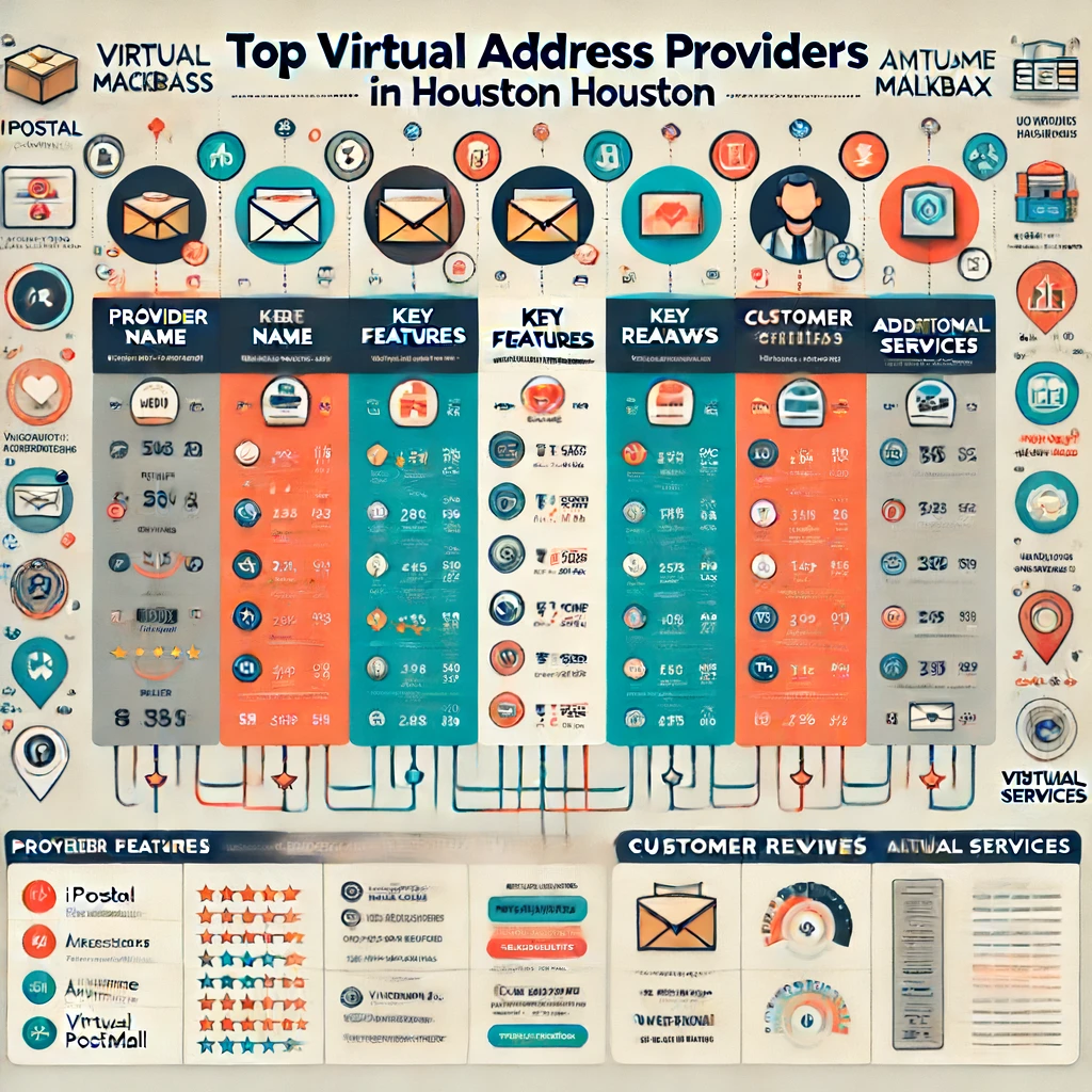 Infographic comparing top virtual address providers in Houston, featuring a table with columns for Provider Name, Pricing, Key Features, Customer Reviews (star ratings), and Additional Services. Providers include iPostal1, Anytime Mailbox, and VirtualPostMail. The design is clean and professional, using icons and colors to differentiate each provider.