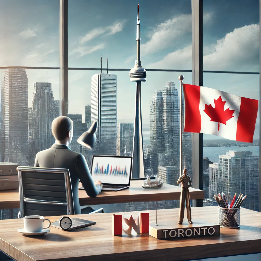 Person working at a modern office desk with a laptop, Canadian flag, and a CN Tower figurine on the desk, with Toronto's skyline in the background.