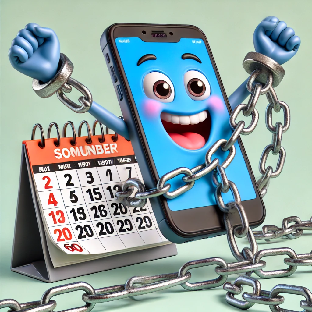 A humorous depiction of a mobile phone breaking free from chains with a calendar showing 60 days.