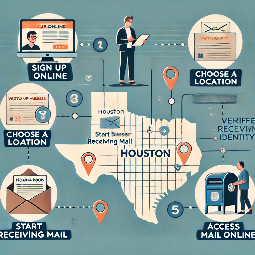 Infographic detailing the process of obtaining a virtual address in Houston. Steps include: signing up online, choosing a location on a Houston map, verifying identity with an ID card, receiving mail at a mailbox, and accessing mail online on a laptop. The design features icons and clear labels for each step.
