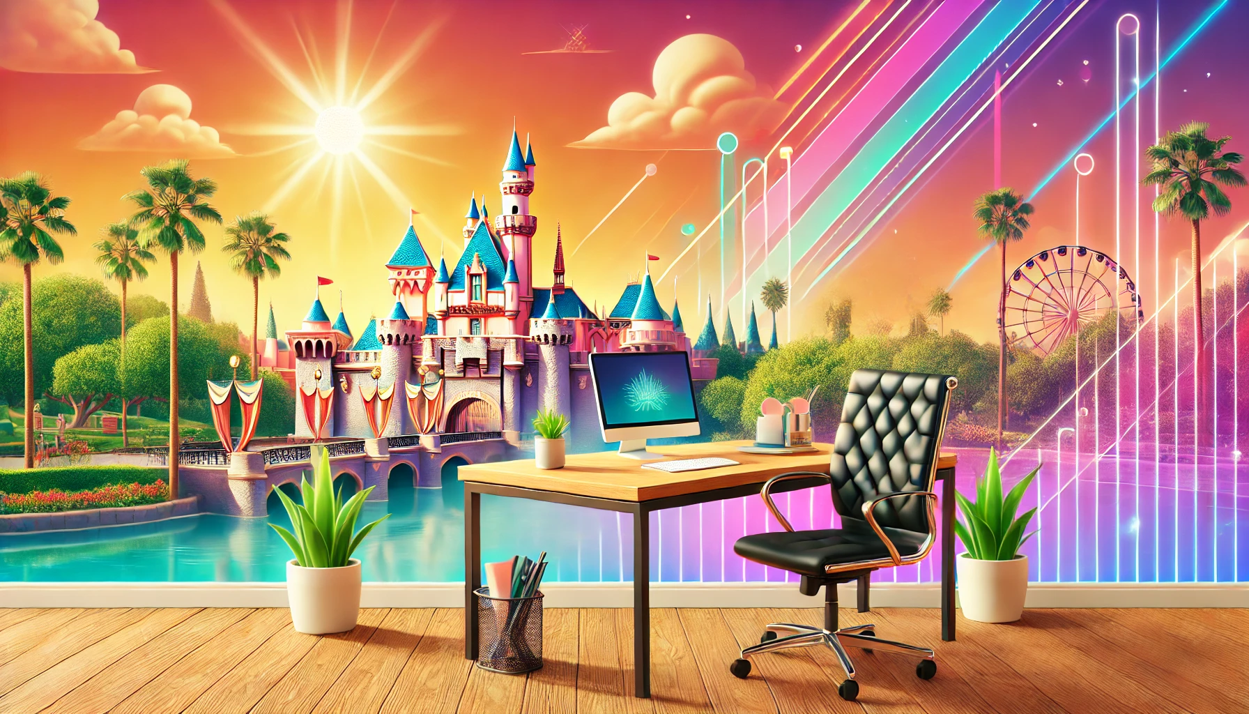 Modern office setup with Disneyland in the background, symbolizing virtual office solutions in Anaheim.